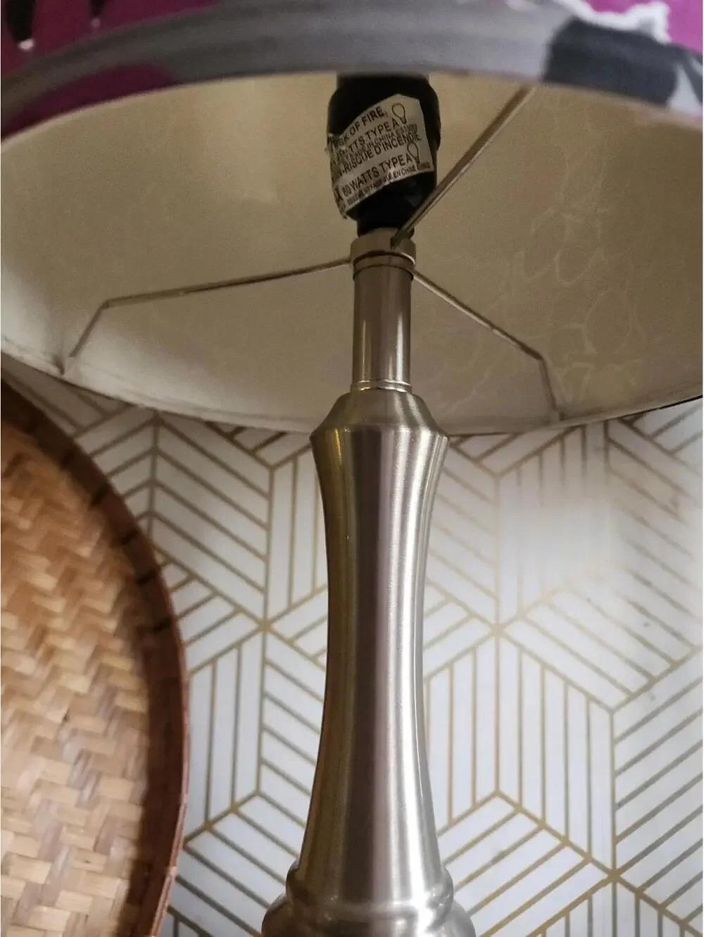 Vintage Early 2000s Brushed Chrome Lamps With Black And Purple Floral Shades